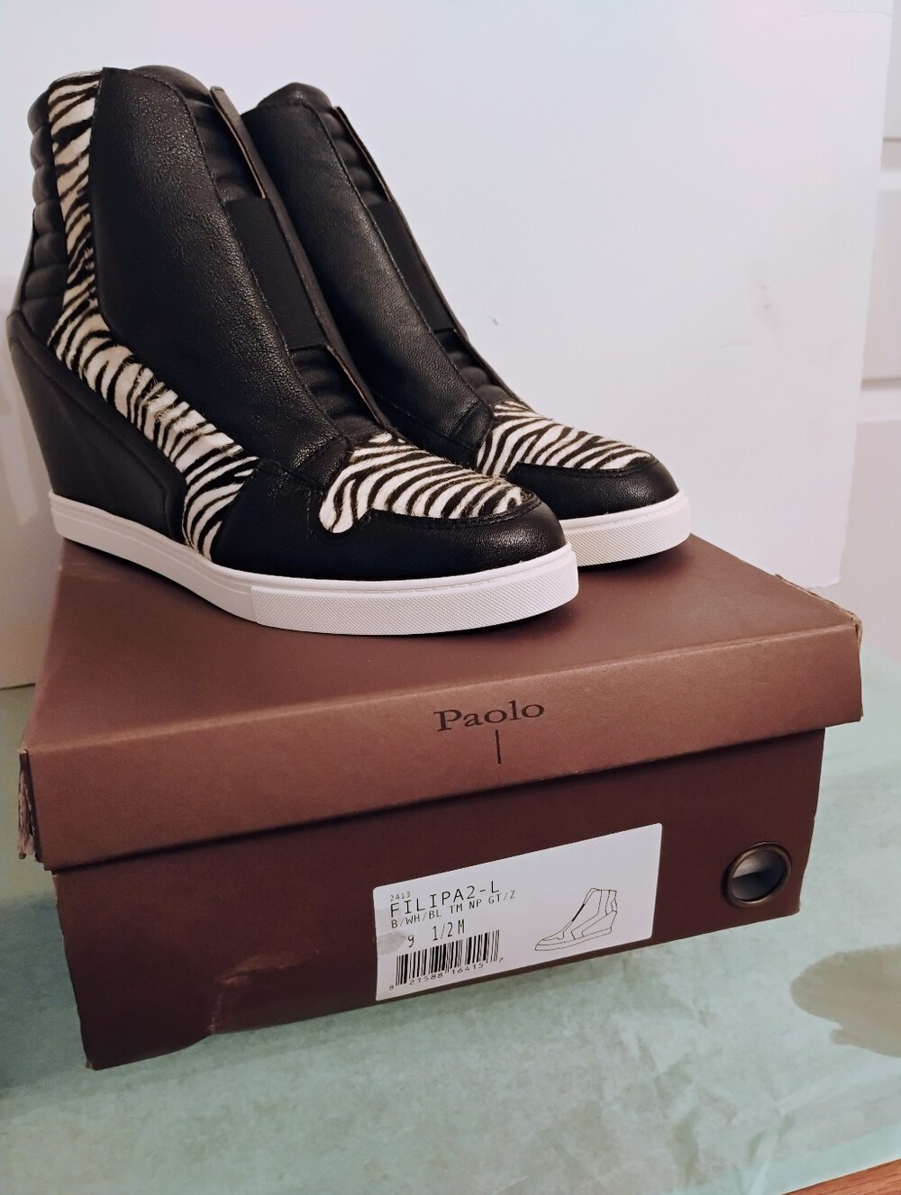 Paolo Filipall Black and White Zebra-Print Wedge Sneakers